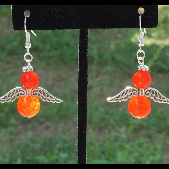 PeaceFrog Jewelry - Red Orange Fire Agate Angel Earrings